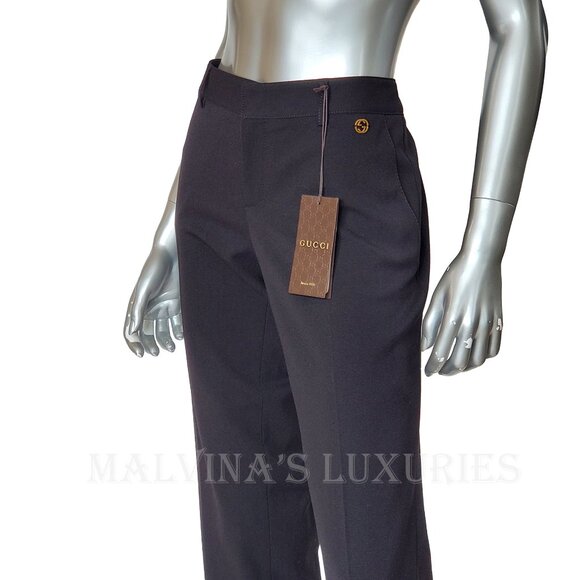 GUCCI PANTS BLACK STRETCH WOOL TROUSERS w LOGO DETAIL sz IT 44 US 8 - Picture 3 of 13